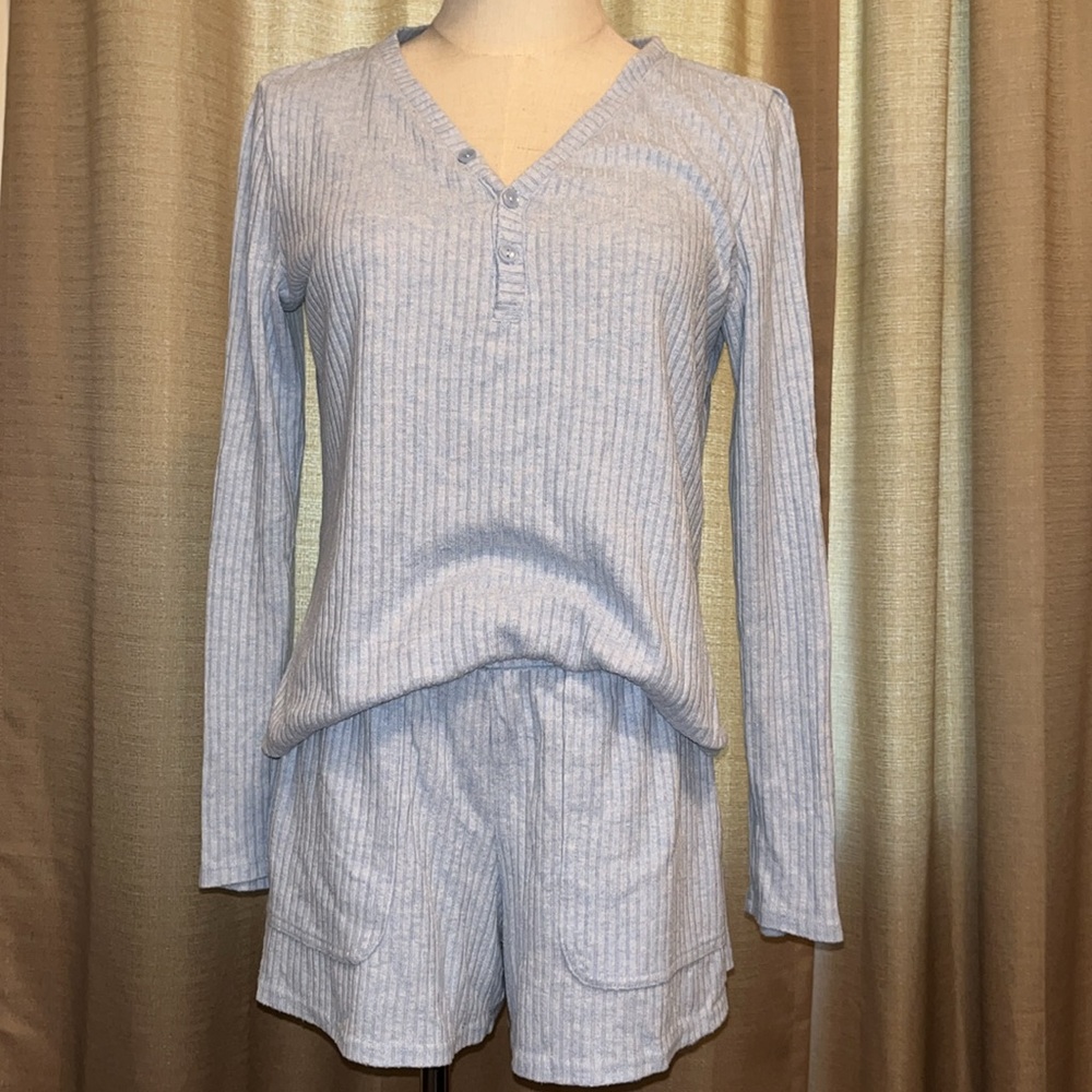 Member's Mark Light Blue Ribbed Henley Long Sleeve Short Set Womens Size Medium